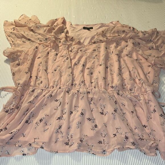 Lane Bryant Top Pink Floral Ruffle Blouse V-Neck Short Ruffle Sleeve Chiffon 28 - Picture 4 of 8